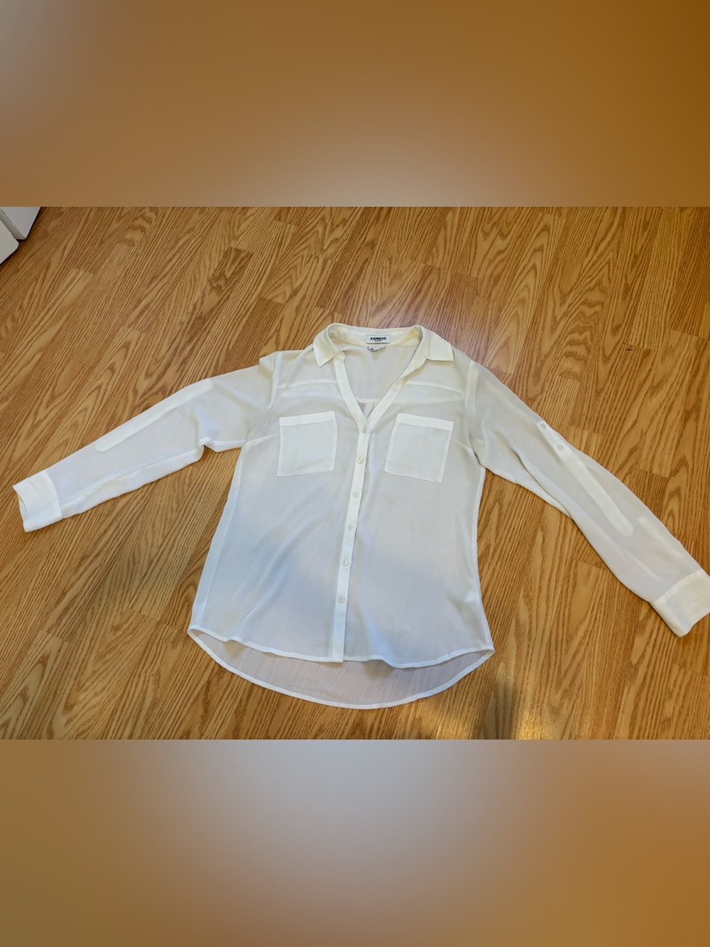 Express Portofino Slim white sheer button-up collared roll tab sleeve M